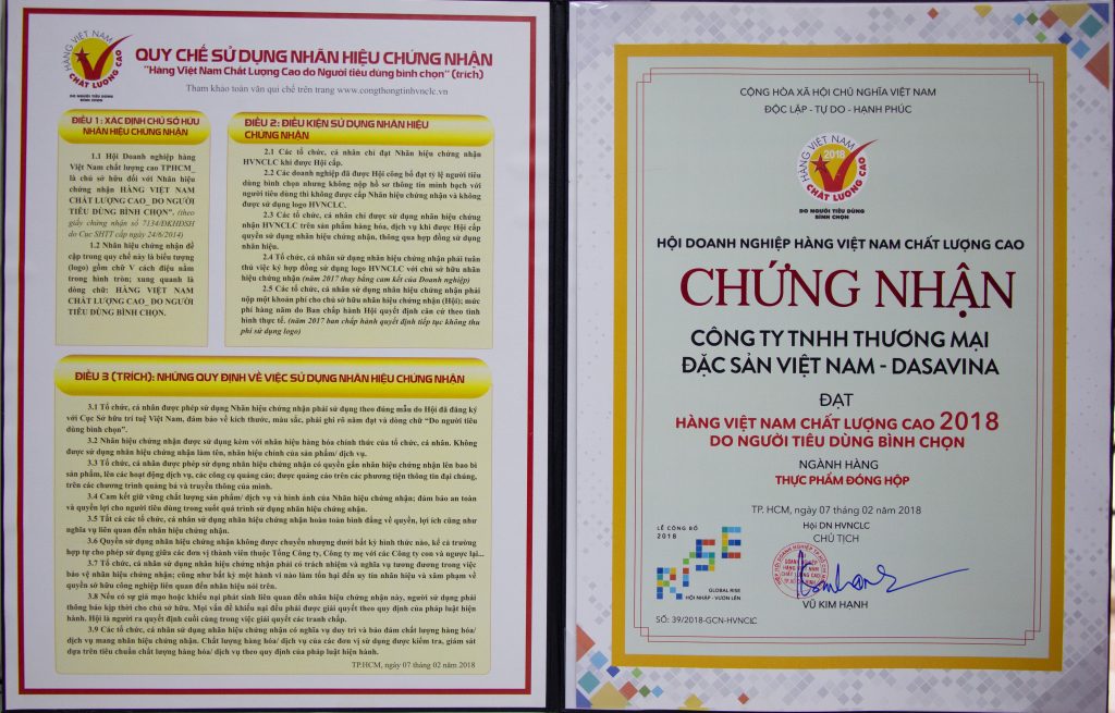 Chứng nhận Hàng Việt Nam chất lượng cao năm 2018