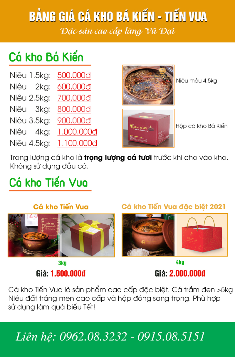 Bảng giá chuẩn cá kho Làng Vũ Đại thương hiệu Bá Kiến - Tiến Vua